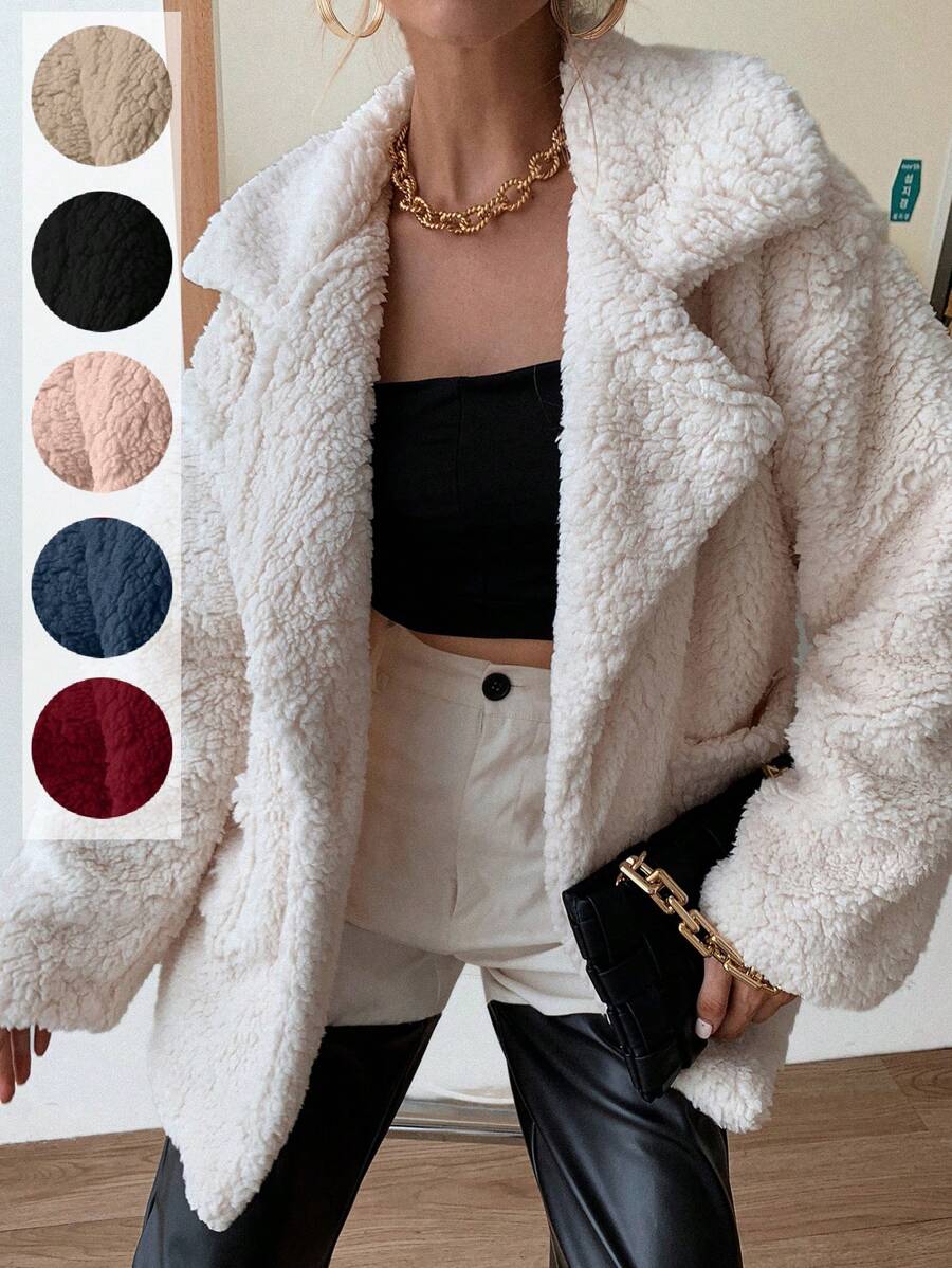 SHEIN Unity Drop Shoulder Pocket Patched Fleece Coat Fall Winter Cloth For Women - Beige - View 1