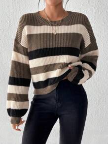 SHEIN Frenchy 女士色塊條紋圓領套頭毛衣 - 彩色 - 查看 1