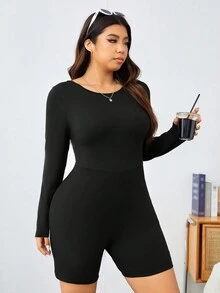 SHEIN EZwear Ladies' Solid Color Round Neck Long Sleeve Backless Jumpsuit Jumpsuit - Black - View 4