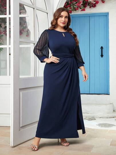 CurvySweet 鑽石領對比網紗燈籠袖裙