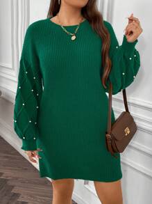 SHEIN Franclia Dệt kim Kích thước lớn Đầm Áo len Với Đồ trang trí Ngọc Trai giả , Vòng cổ , Tay áo dài - Màu xanh lá cây đậm - Xem 3