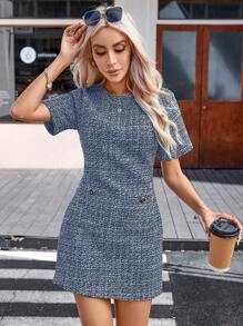 SHEIN Privé 女士格紋短袖連衣裙 - 黑色 - 查看 4