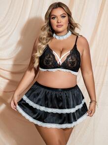 Plus Size Lace Patchwork Sexy Lingerie Costume 3pcs/set - Black - View 5