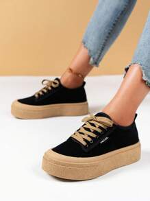 Fall/Winter Women Lace-Up Thick Sole Front Faux Suede Skate Shoes, Sporty Outdoor Sneakers, Shoes For Women - Black - View 3