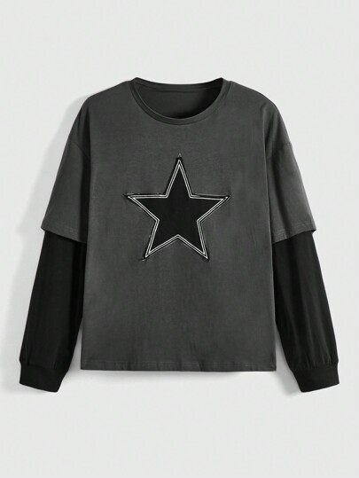 Grunge Punk Women's Star Patch 2 In 1 T-Shirt, School
