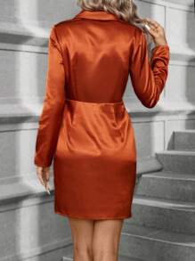 SHEIN Clasi Women's Solid Color Long Sleeve Wrap Overlap Dress - Orange - View 2