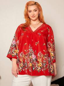 SHEIN CURVE+ Women's Plus Size Floral Printed V-neck Shirt With Lace Splicing And Weaved Belt - Red - View 6