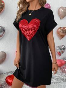 EMERY ROSE Valentine's Day Round Neck Glitter Heart Printed Batwing Sleeve Dress - Black - View 3