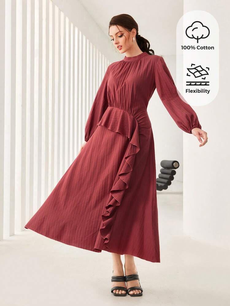 Burgundy Red Ruffle Trim Lantern Sleeve Dress Long Evening Dresses