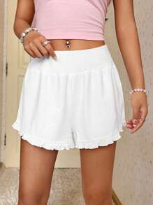 SHEIN EZwear Shorts de mujer de color liso con borde de volantes - Blanco - Ver 1