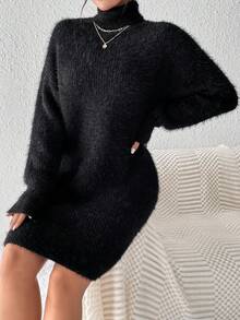 SHEIN Frenchy Quý cô Chất rắn Có màu sắc Cổ cao Sang trọng Đầm Áo len - màu đen - Xem 3