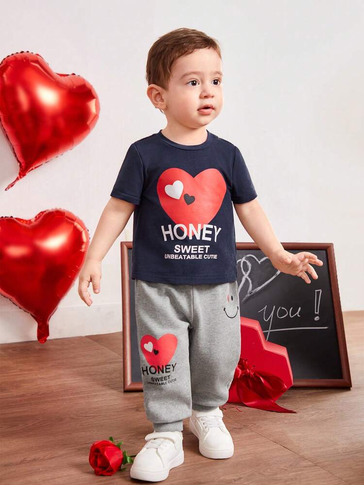 Infant Unisex Casual Heart Pattern T-shirt With Elastic Waist Long Pants Set