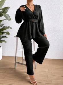 SHEIN Clasi Plus Size Women's Pleated Belted Two-piece Set - Black - View 5