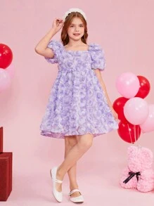 SHEIN 青少女用編織3D花卉方領蓬蓬袖洋裝 - 淡紫色 - 查看 8