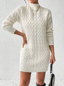 SHEIN Frenchy Women's Turtleneck Textured Sweater Dress - Beige - View 1