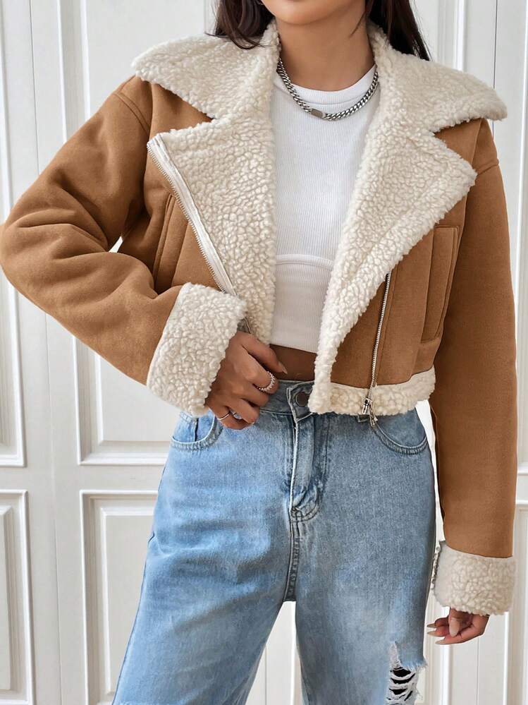 SHEIN EZwear Women's Woven Biker Jacket With Color Block And