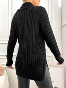 EURMUSE Turtleneck Raglan Sleeve Split Hem Sweater - Black - View 3