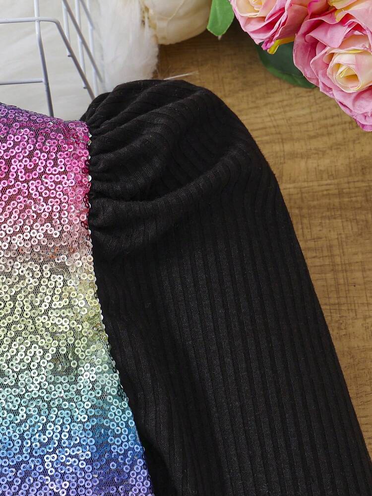 Girls' Rainbow Sequin Embroidery Leg-of-mutton Sleeve Long Sleeve Party Dress For Big Kid