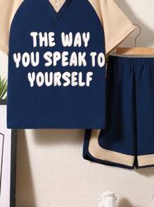 SHEIN Tween Boys' Loose-Fit College Letter Print Turn-Down Collar 2 In 1 T-Shirt And Shorts Set