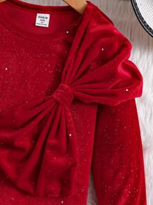 SHEIN 小女孩公主風休閒時尚甜美優雅閃亮連身裙帶有大號 3d 蝴蝶結裝飾 - 紅色 - 查看 6