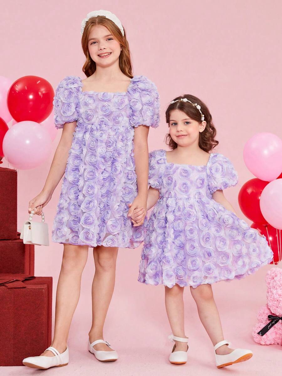 SHEIN 青少女用編織3D花卉方領蓬蓬袖洋裝 - 淡紫色 - 查看 1