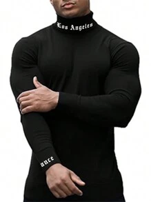 Manfinity Homme 男裝大碼高領字母印花t恤 - 黑色 - 查看 3