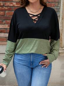 SHEIN LUNE Ladies Plus Size Color Block Cross Tie Dropped Shoulder Sweatshirt - Green - View 1