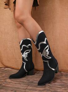Styleloop Botas para mujer hasta media pantorrilla con costura de colores en contraste, botas americanas hasta media pantorrilla, botas vaqueras para mujer - Negro - Ver 3