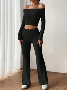 SHEIN EZwear 春季女装纯色露肩短款上衣和喇叭裤两件套 - 黑色 - 查看 6