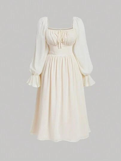 SHEIN MOD Plus Size Women's Ruched Chest Ruffle Sleeve Dress