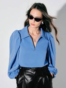 Anewsta Ladies' Solid Color Turn-down Collar Long Sleeve Pullover Top - Baby Blue - View 1