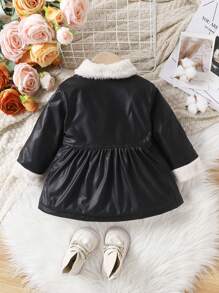 Abrigo De Bebé Para Niñas Con Cuello De Bloques De Color, Botón Y Bolsillos Falsos, Tela Liso, Cálido, Cómodo, Suave Y Adecuado Para La Primavera, Otoño E Invierno. - Negro - Ver 2