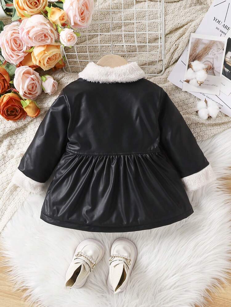 Baby Girls' Color Block Collar Buttoned Coat With Faux Pockets, Plain Faux Leather Fabric, Warm, Comfortable, Soft, Suitable For Spring, Autumn And Winter