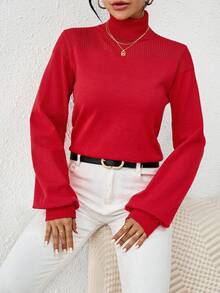 SHEIN Essnce 女式高領燈籠袖毛衣 - 紅色 - 查看 4
