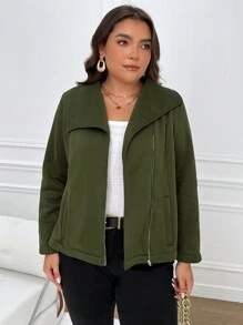SHEIN Franclia 大码休闲纯色不对称领夹克，秋冬 - 軍綠色 - 查看 5
