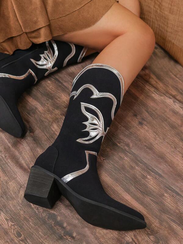 Styleloop Women's Contrast Color Stitching Mid-Calf Boots,American Western Mid-Calf Boots, Cowboy Boots For Women