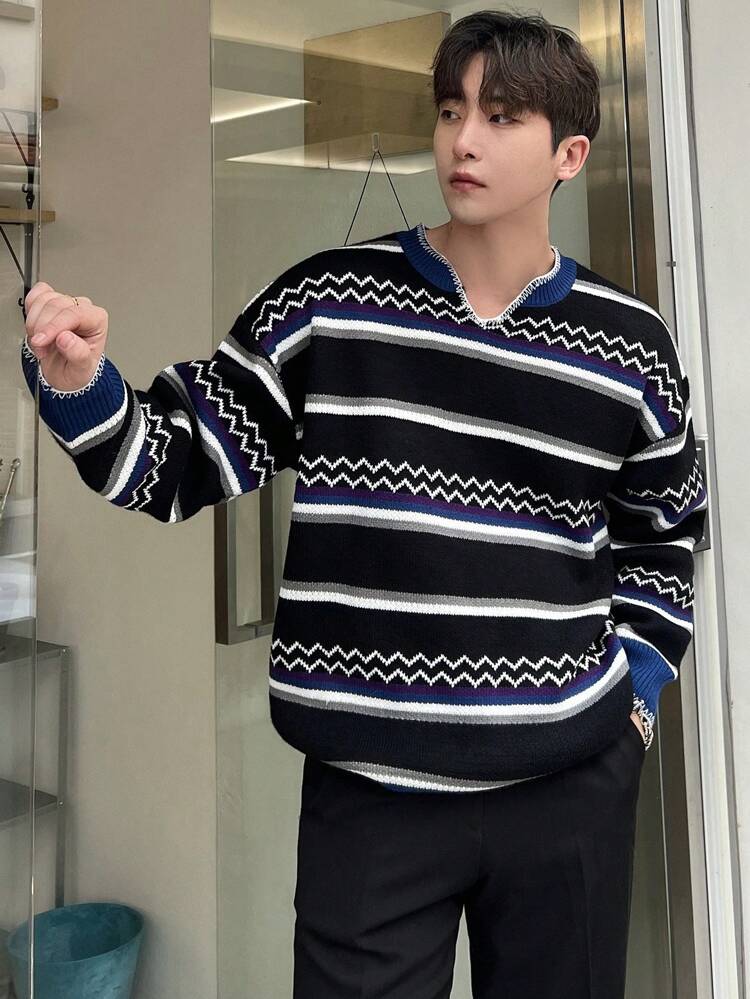 Men's Striped Notch Collar Drop Shoulder Sweater,Fall Clothes