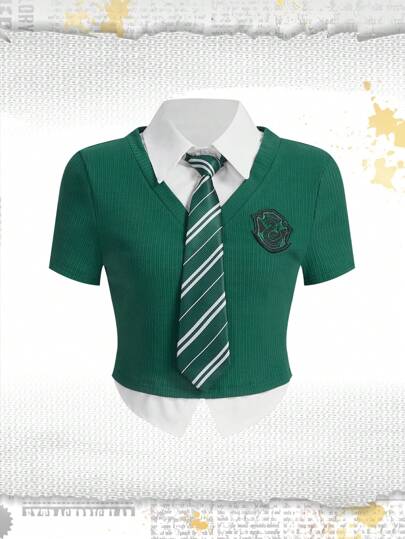 Harry Potter | ROMWE Camiseta de 2 en 1 con estampado de rayas y lazo, para la escuela