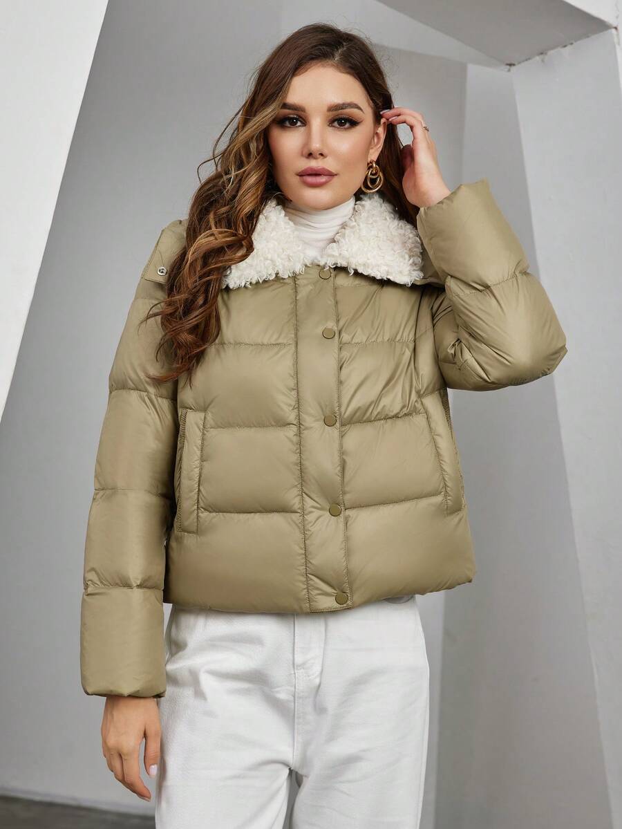 ZIAI Áo khoác đệm cổ bẻ Colorblock dành cho nữ - Màu Khaki - Xem 1
