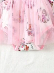 嬰兒女裝秋冬季優雅公主印花短袖連身衣套裝附發帶 - 彩色 - 查看 4