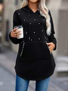 女款抽繩連帽運動衫,袋鼠口袋飾有飾釘 - 黑色 - 查看 4