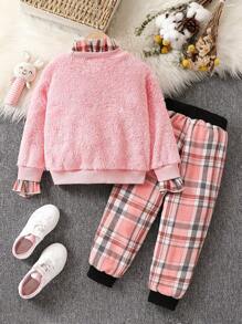 SHEIN Lässiges Und Warmes 2-teiliges Set Mit Plüschhasen-design Für Kleinkinder Und Mädchen Für Herbst Und Winter