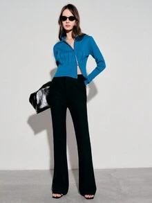 Anewsta 女款雙拉鍊棒球領針織衫 - 藍色 - 查看 7