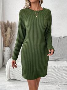 SHEIN LUNE Women'S Ribbed Knit Sweater Dress With Raglan Sleeves - Army Green - View 1
