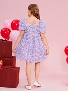 SHEIN 青少女用編織3D花卉方領蓬蓬袖洋裝 - 淡紫色 - 查看 2