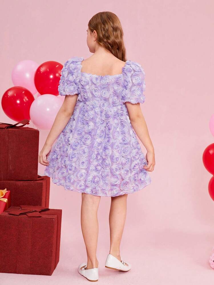 Tween Girl Woven 3d Floral Square Neck Puff Sleeve Dress