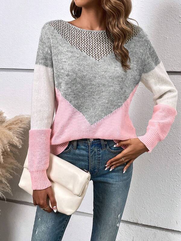 1 pieza Suéter casual de cuello redondo de manga larga con bloques de color, estilo minimalista para mujeres