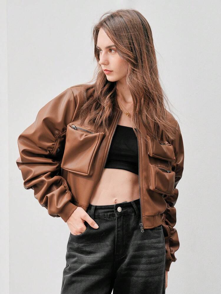 Chaqueta Con Cuello De Béisbol Y Diseño De Múltiples Bolsillos Para Mujer