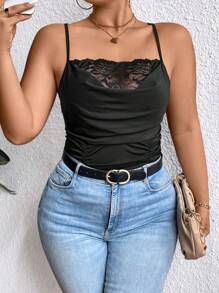 Rometta Plus Size Lace Patchwork V-neck Camisole Top - Black - View 9
