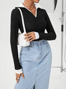 SHEIN Essnce Camiseta Ajustada 2 En 1 De Color De Contraste - Negro - Ver 3